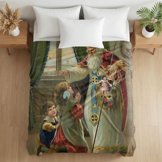St. Nicholas Santa Claus Catholic Blanket, Vintage Holy Card Christmas Gift, Plush Throw for Catholic Home