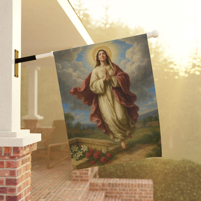 Assumption of Mary Garden Flag, Outdoor Catholic Yard Banner, Marian Devotional Gift for Home or Prayer Garden image 9