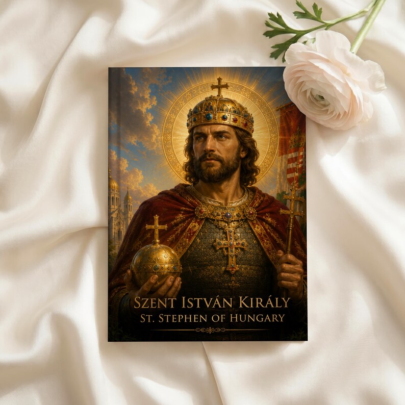 A hardcover journal featuring illustrated artwork of St. Stephen of Hungary wearing a jewelled crown and red robe, holding a golden orb and sceptre, with a golden halo, laid on white satin fabric beside a pale pink ranunculus flower