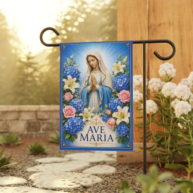 Ave Maria Virgin Mary Garden Flag | Religious Outdoor Banner, Floral Shrine image 4