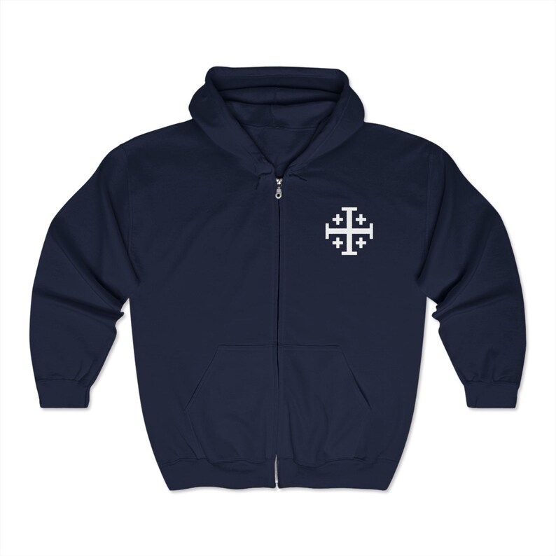 Our Lady of Guadalupe Jerusalem Cross Full Zip Hoodie, Catholic Gift for Him or Her image 7