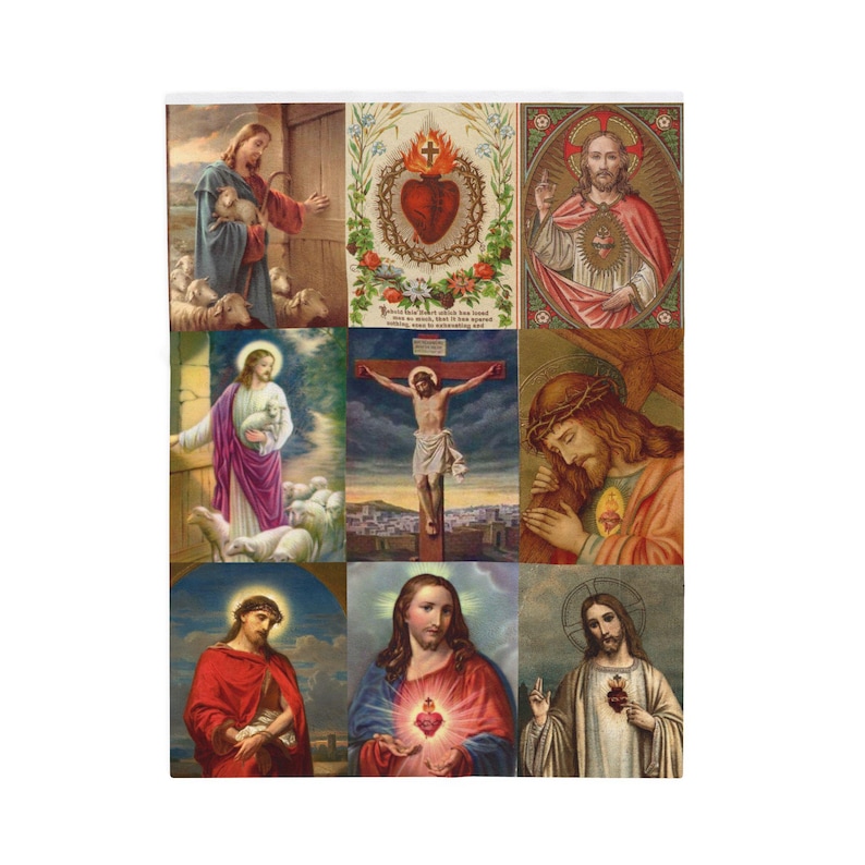 Sacred Heart of Jesus Blanket, Catholic Devotional Throw, Marian Collage Plush Blanket Gift image 2