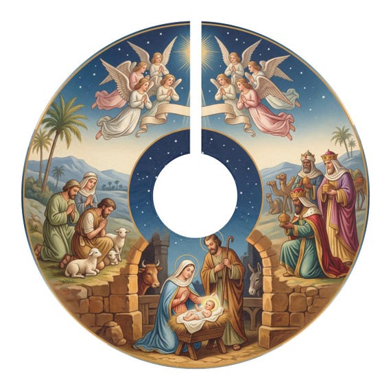 Nativity Christmas Tree Skirt, Holy Family, Shepherds and Magi, Catholic Christmas Decor