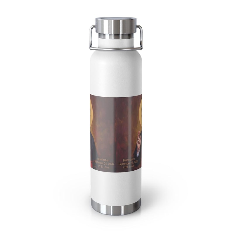 White 22oz copper insulated bottle with a stainless steel lid and base, featuring a painted portrait wrap of Blessed Archbishop Fulton J. Sheen with text reading 'Beatification September 24, 2026 in St. Louis'