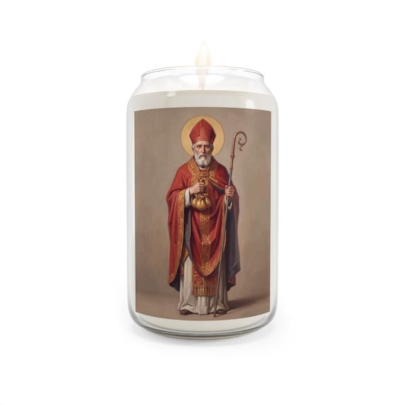 St. Nicholas Scented Soy Candle, 13.75oz Devotional Gift, Bishop Saint Tall Jar