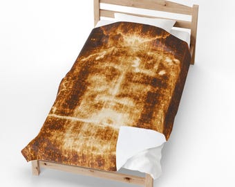 Holy Face Throw Blanket, Shroud of Turin Catholic Gift, Soft Velveteen Prayer Blanket for Home or Bedroom
