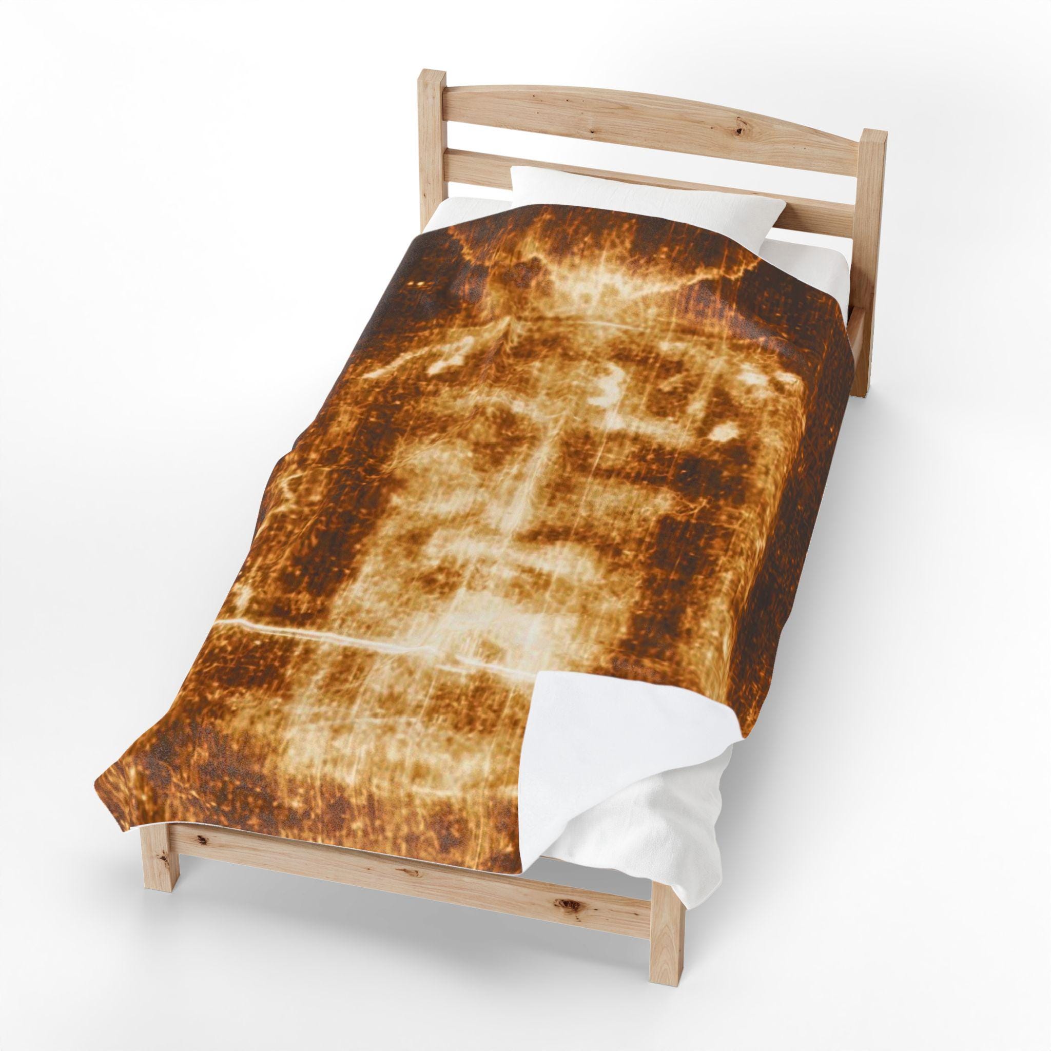 Holy Face Throw Blanket, Shroud of Turin Catholic Gift, Soft Velveteen Prayer Blanket for Home or Bedroom