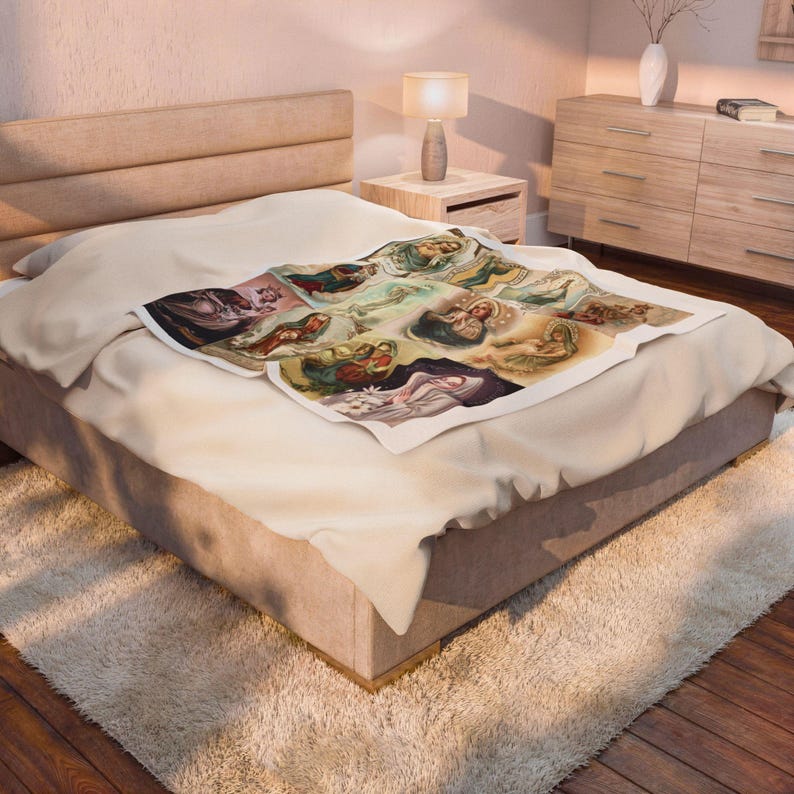 Virgin Mary Holy Card Throw Blanket, Catholic Gift for Mom or Grandma, Marian Devotional Blanket image 7