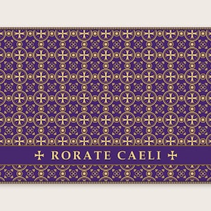 Altar Frontal Cloth with deep purple background featuring a repeating pattern of gold crosses and decorative stars, with a gold band across the center reading 'RORATE CAELI'