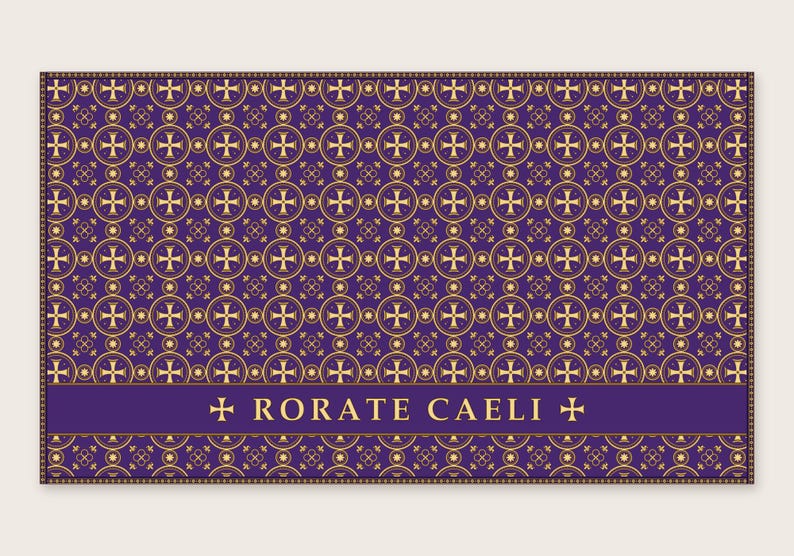Altar Frontal Cloth with deep purple background featuring a repeating pattern of gold crosses and decorative stars, with a gold band across the center reading 'RORATE CAELI'