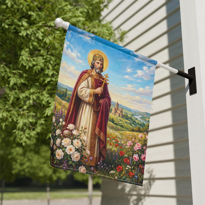 Bandera de jardín de San Esteban de Hungría, estandarte del santo patrón católico húngaro, decoración tradicional católica para exteriores. imagen 10