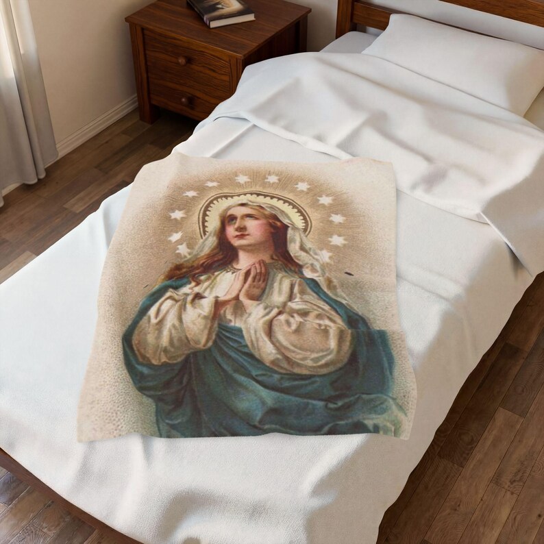 Virgin Mary Velveteen Plush Blanket, Marian Catholic Throw Blanket, Our Lady Devotional Gift for Catholic Home or Prayer Space image 4