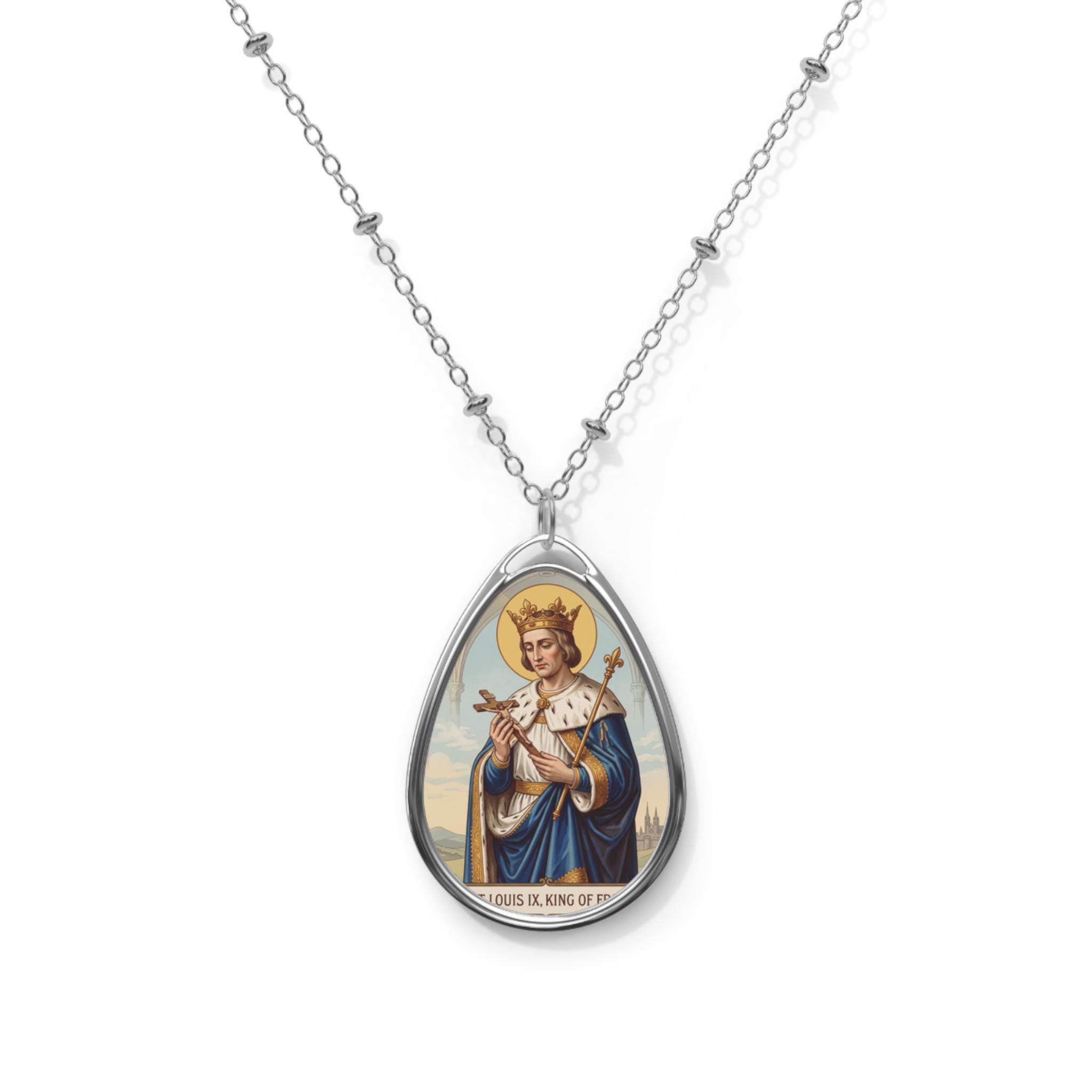 Saint Louis IX Oval Necklace, King of France Catholic Devotional Pendant