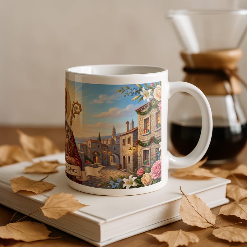Styled photograph of St. Nicholas ceramic mug