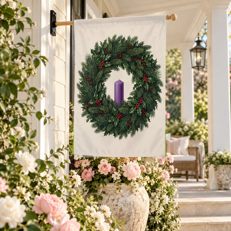 Advent garden flag in the large size, hung from a wall pole over a porch with pink peonies