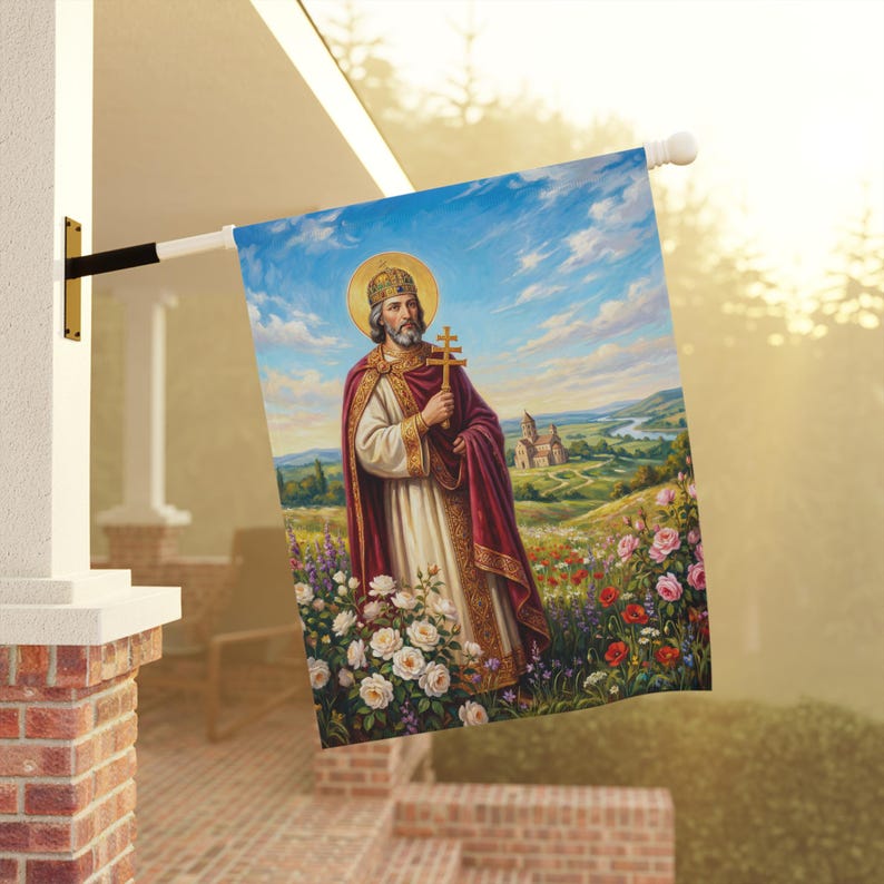 Bandera de jardín de San Esteban de Hungría, estandarte del santo patrón católico húngaro, decoración tradicional católica para exteriores. imagen 9