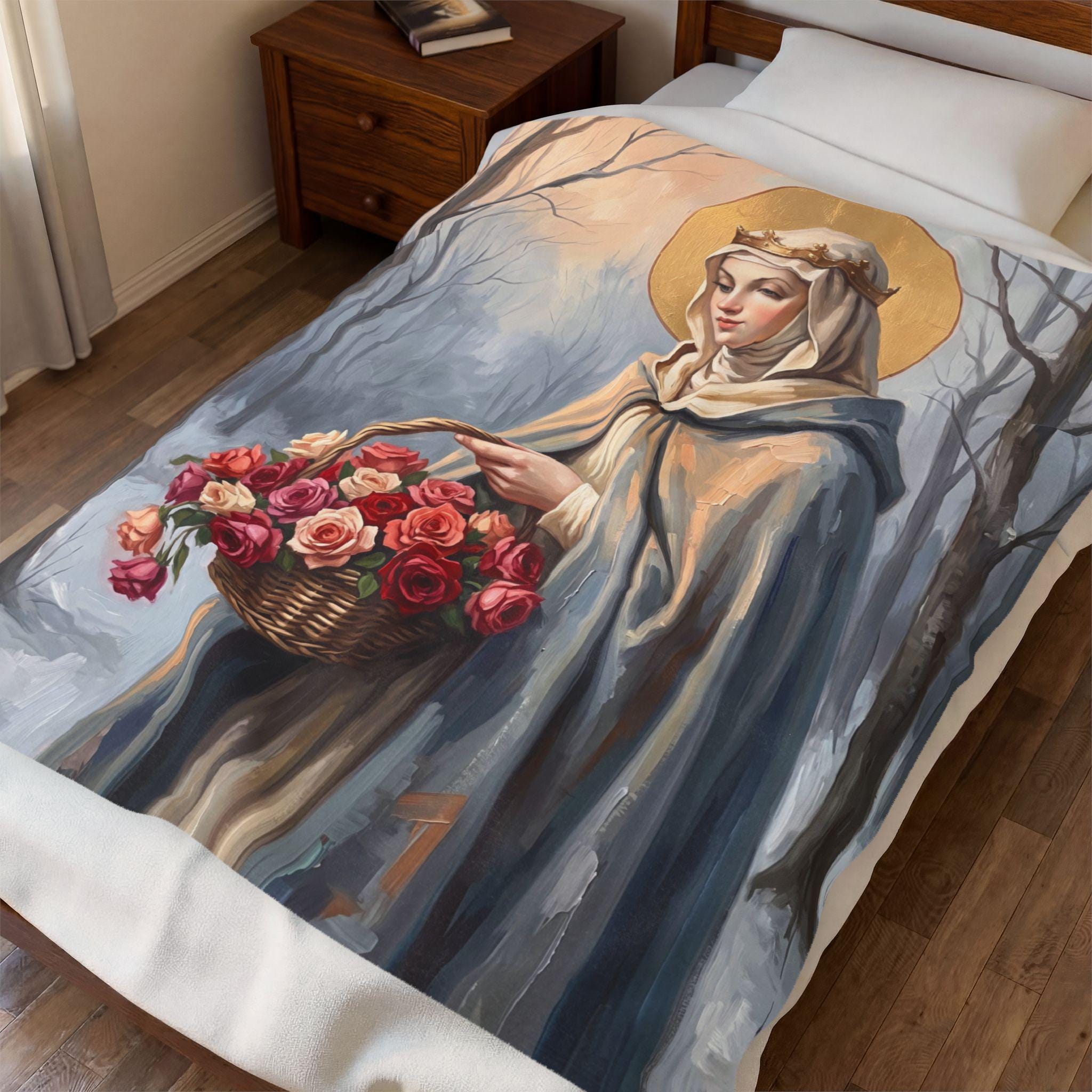 Saint Elizabeth of Hungary Velveteen Blanket, Soft Prayer Throw for Catholic Home