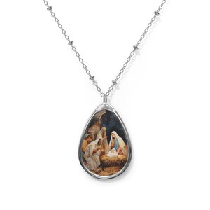 Holy Family Nativity Oval Necklace, Catholic Christmas Gift for Mom Grandma, Devotional Pendant Jewelry image 1