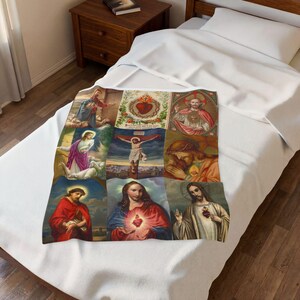 Sacred Heart of Jesus Blanket, Catholic Devotional Throw, Marian Collage Plush Blanket Gift image 3