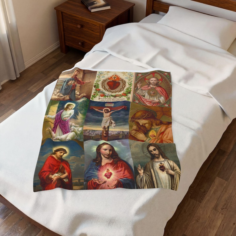 Sacred Heart of Jesus Blanket, Catholic Devotional Throw, Marian Collage Plush Blanket Gift image 3