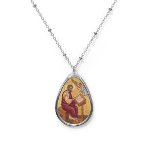 Saint Matthew Necklace, Catholic Oval Pendant, Apostle and Evangelist Devotional Jewelry Gift image 1