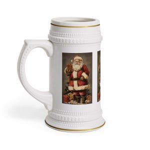 Old Fashioned Santa Claus Stein Mug, St. Nick Christmas Gift for Dad Mom Grandpa Grandma, Gold Trim Holiday Beer Mug image 2
