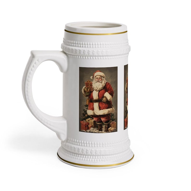 Old Fashioned Santa Claus Stein Mug, St. Nick Christmas Gift for Dad Mom Grandpa Grandma, Gold Trim Holiday Beer Mug image 2