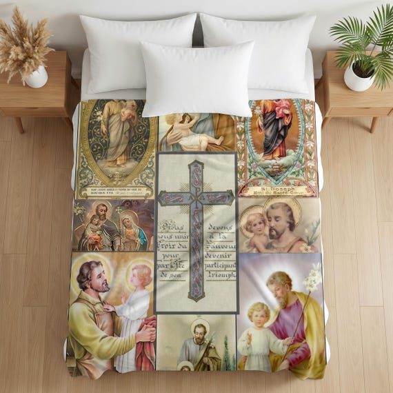 Patron of the Church St. Joseph Velveteen Blanket, Antique Holy Card Catholic Throw for Home or Prayer Space