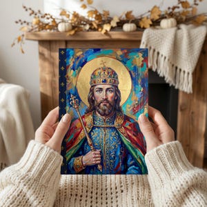 Photograph of St. Stephen of Hungary lined journal, with the prayer typeset on the back cover, navy and gold fleur-de-lis spine, fall interior