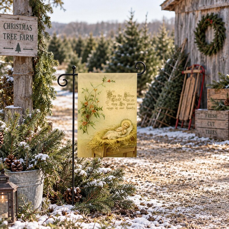 Nativity garden flag on a garden stand at a snowy Christmas tree farm