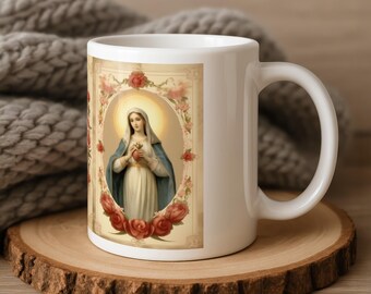 Jungfru Maria antik helig kort katolsk mugg, välsignad moder kaffekopp, present till katolsk mamma mormor präst