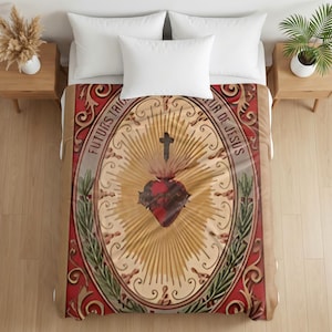 Sacred Heart of Jesus Blanket, Rococo Catholic Throw, Velveteen Prayer Blanket Gift for Catholic Home