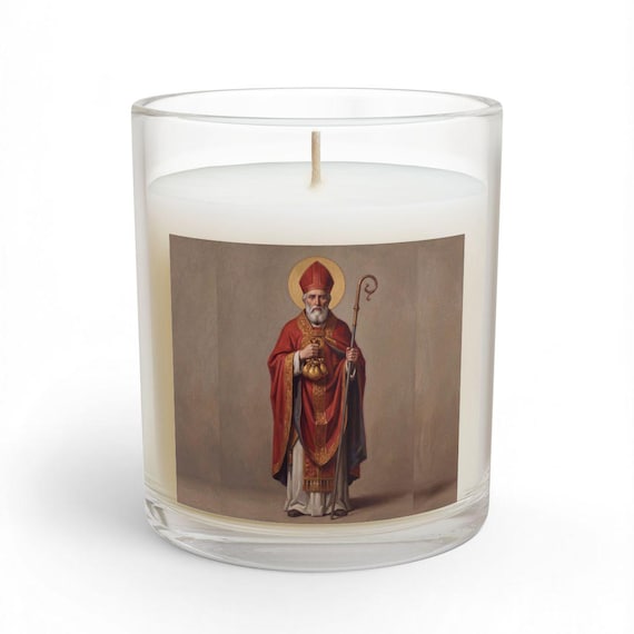 St. Nicholas Glass Candle, 11oz Frosted Vessel, Bishop Saint Devotional Gift