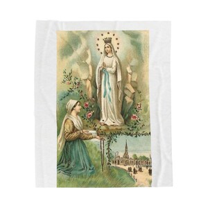 Our Lady of Lourdes Blanket, Catholic Marian Throw, Vintage Holy Card Gift for Catholic Mom or Prayer Home image 5