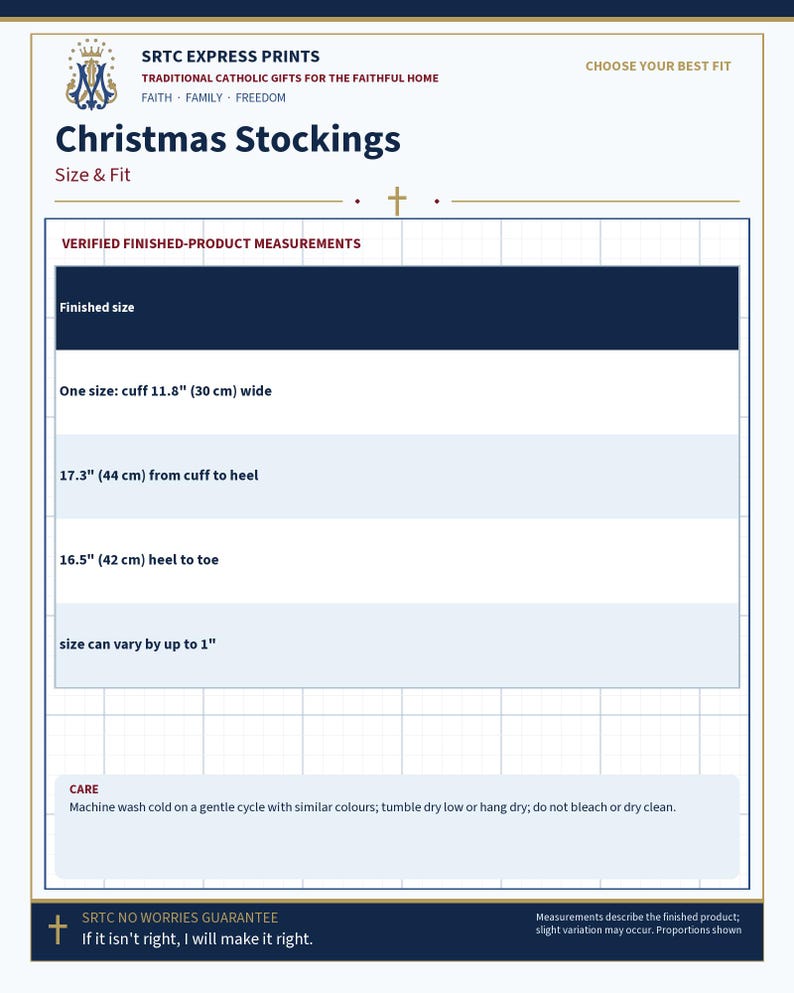Size and fit chart for the St. Nicholas Catholic gift