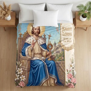 Saint Louis Velveteen Blanket, Catholic Devotional Throw, King Louis IX Prayer Blanket