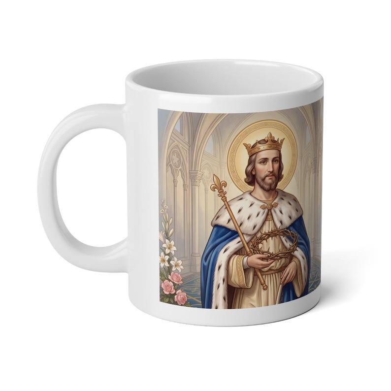 Saint Louis Jumbo Mug, King Louis IX Catholic Coffee Cup, Traditional Sacred Art image 4