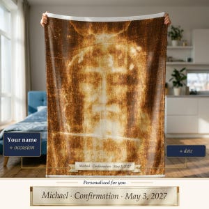 Personalized Shroud of Turin Velveteen Blanket, Holy Face Catholic Prayer Throw, Devotional Gift