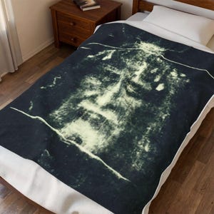 Shroud of Turin Blanket, Holy Face of Jesus Catholic Throw, Devotional Gift for Catholic Home or Prayer Room image 2