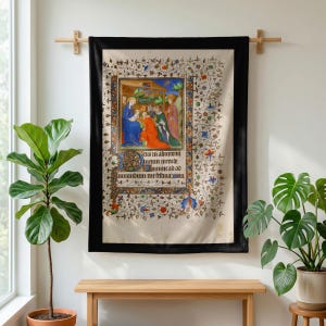 Nativity plush blanket hung on a wall from a wooden rod above a bench, between potted plants