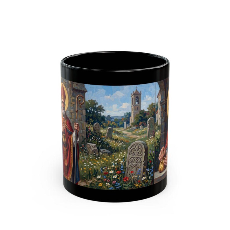 Close view of St. Nicholas black mug
