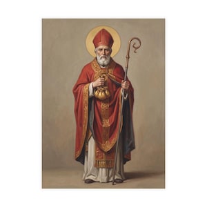 Vertical note card featuring a painted portrait of St. Nicholas dressed in red and gold bishop's vestments and mitre, holding a gold purse and a pastoral staff, with a golden halo, against a neutral beige background