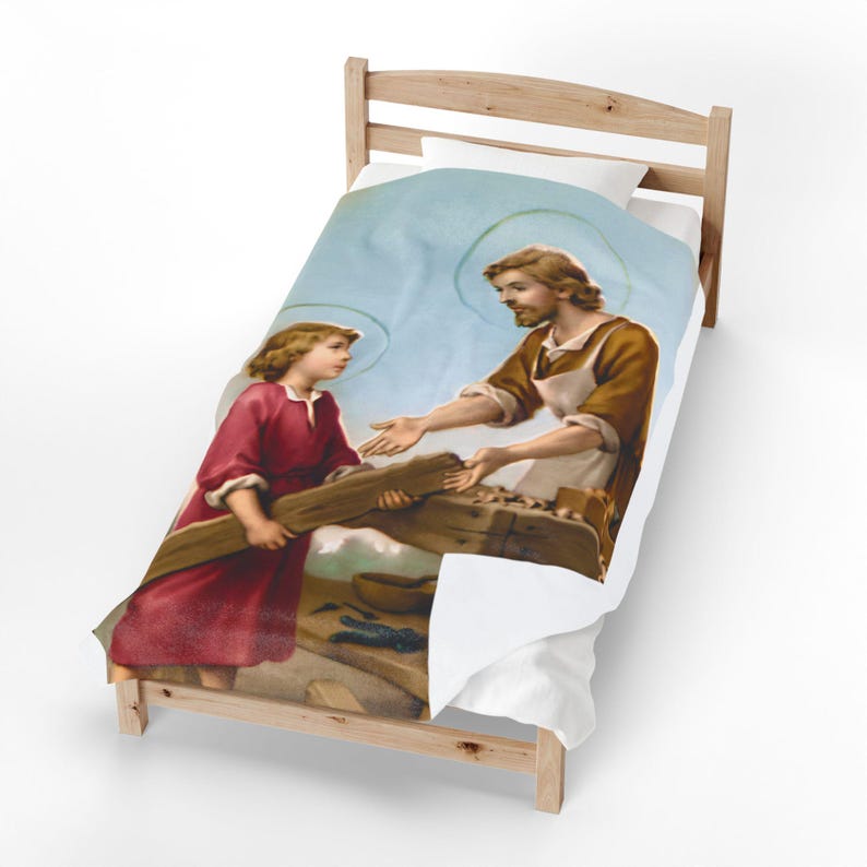 Saint Joseph and Child Jesus Catholic Blanket, Holy Family Devotional Throw, Catholic Dad Gift image 1