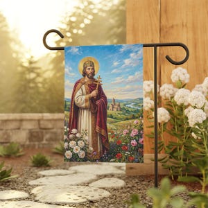 Bandera de jardín de San Esteban de Hungría, estandarte del santo patrón católico húngaro, decoración tradicional católica para exteriores. imagen 4