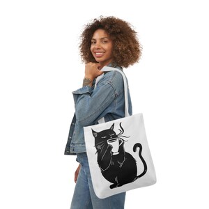 Mom Gift Mother's Day Black Cat Coffee Canvas Tote Bag, Music Bag, Grocery Bag, School Bag, Stylish Pet Lover Gift  Coffee Lover