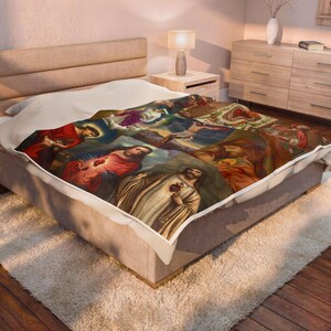 Sacred Heart of Jesus Blanket, Catholic Devotional Throw, Marian Collage Plush Blanket Gift image 9
