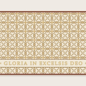 Rectangular altar frontal cloth with cream background featuring a repeating pattern of gold crosses and ornamental designs, bordered in burgundy, with a centered band reading 'GLORIA IN EXCELSIS DEO' in gold lettering