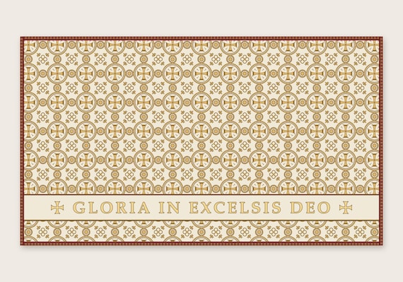 Christmas Altar Frontal Cloth, 58x102 White and Gold Cross Medallion Brocade-Pattern, Latin Gloria In Excelsis Deo