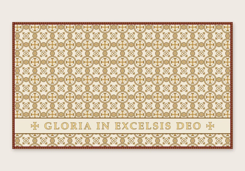 Rectangular altar frontal cloth with cream background featuring a repeating pattern of gold crosses and ornamental designs, bordered in burgundy, with a centered band reading 'GLORIA IN EXCELSIS DEO' in gold lettering
