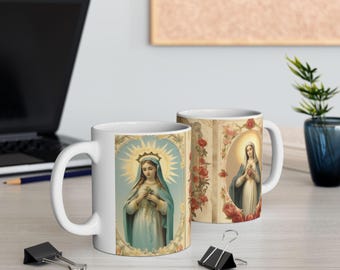 Virgin Mary Antique Holy Card Catholic Mug, Blessed Mother Coffee Cup, Gift for Catholic Mom Grandma Priest